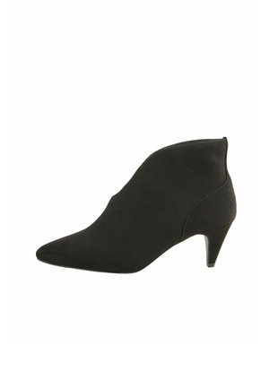 Black suede ankle boot with a pointed toe and a mid-height stiletto heel. Smooth texture and minimal stitching detail.