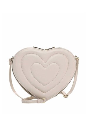 Heart-shaped light beige crossbody bag with stitched heart patterns and adjustable strap on a white background.