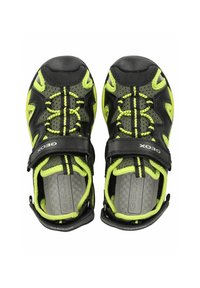 Czarne i jasnoniebieskie sandały z siateczkowym wzorem, rzepem oraz teksturowaną wkładką dla komfortu. Wodoodporny i oddychający materiał.