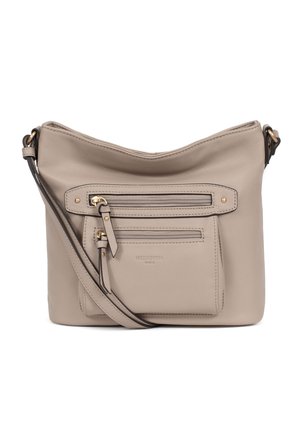 Beżowa skórzana torebka na ramię z regulowanym paskiem, dwoma przednimi kieszeniami na suwak i złotym metalowym wykończeniem.