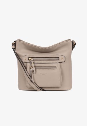 Beige leren crossbodytas met verstelbare riem, twee voorvakken met rits en hardware in goudkleur.