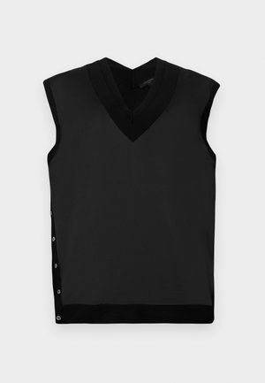 Black sleeveless top with a V-neck, smooth texture, contrasting ribbed neckline, and snap-button detail on the left side.