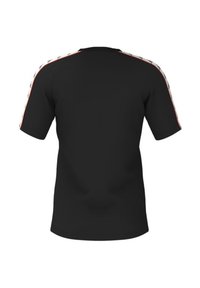 T-shirt nera a maniche corte con scollo tondo, caratterizzata da strisce colorate a motivo lungo le spalle, realizzata in un tessuto liscio.