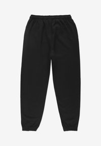 Czarne dresy z elastycznym pasem, zwężanymi nogawkami i elastycznymi mankietami. Wykonane z miękkiego, gładkiego materiału o jednolitej strukturze.