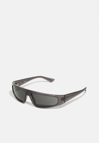 Ray-Ban sončna očala s sivo plastično ogrodje, temnimi lečami in subtilnim logotipom na ročicah. Elegantna, aerodinamična oblika s ukrivljenimi rokami.