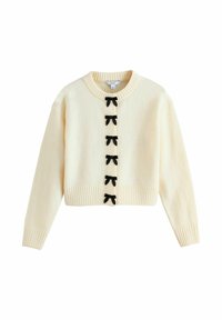 Maglione corto crema con scollo rotondo, caratterizzato da decorazioni a fiocco nere lungo la parte anteriore, polsini a coste e un tessuto a maglia testurizzato.