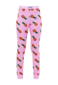 Pink ribbed leggings featuring a repeating pineapple pattern with green leaves. Elastic waistband for comfort.