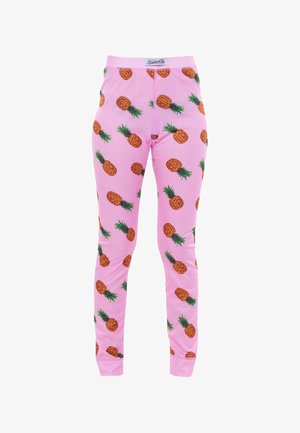 Rosa gerippte Leggings mit einem sich wiederholenden Ananasmotiv und grünen Blättern. Elastischer Bund für Komfort.