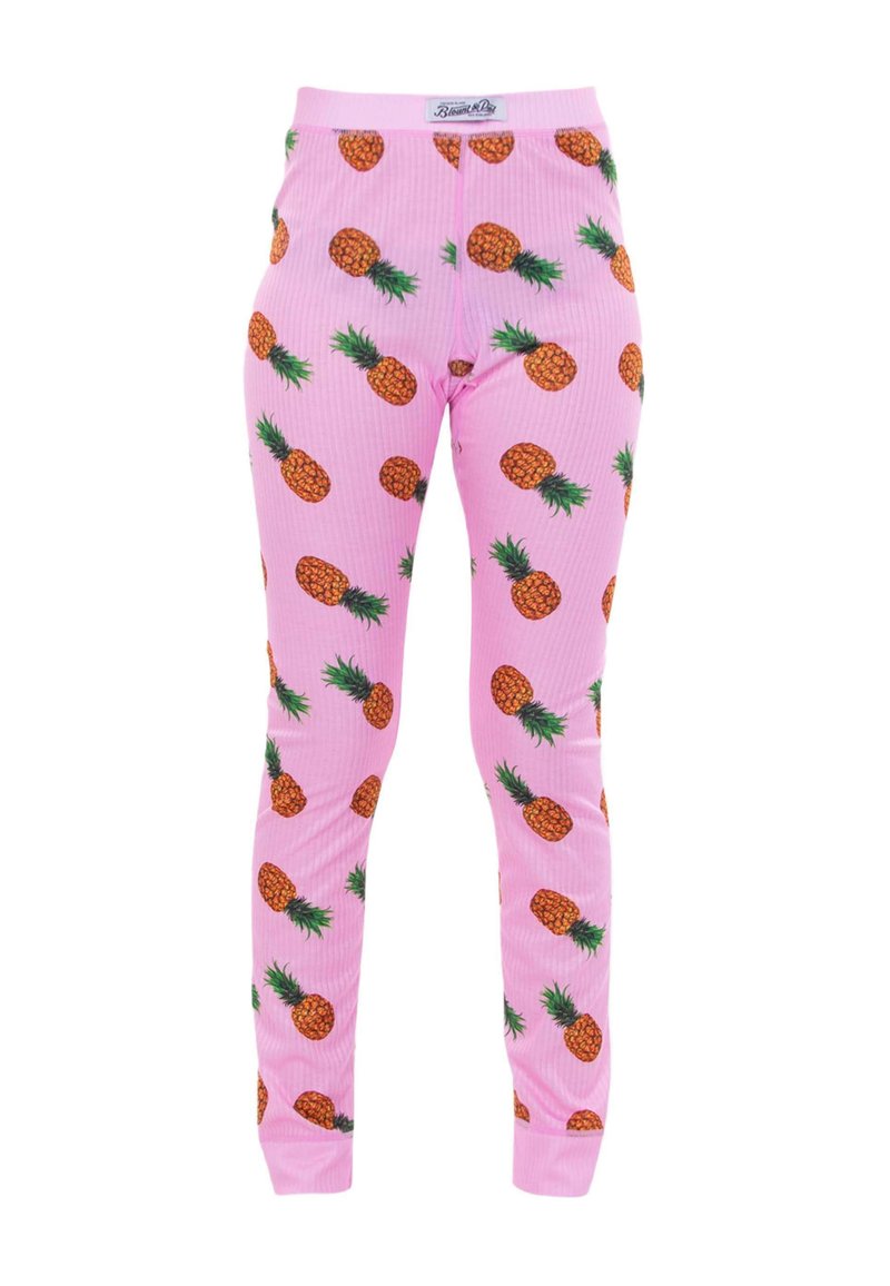 Pink ribbed leggings featuring a repeating pineapple pattern with green leaves. Elastic waistband for comfort.