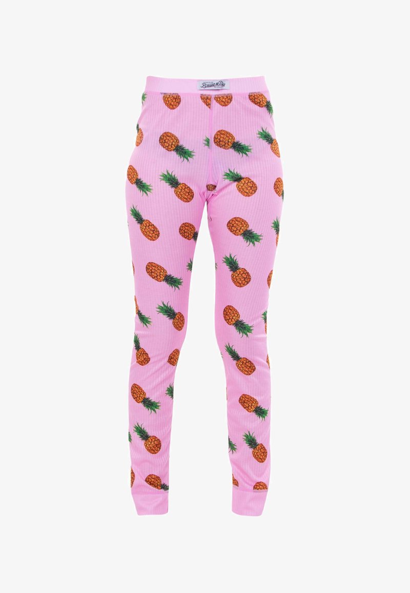 Różowe legginsy ze szwem w prążki, ozdobione powtarzającym się wzorem ananasa z zielonymi liśćmi. Elastyczny pas zapewniający komfort.
