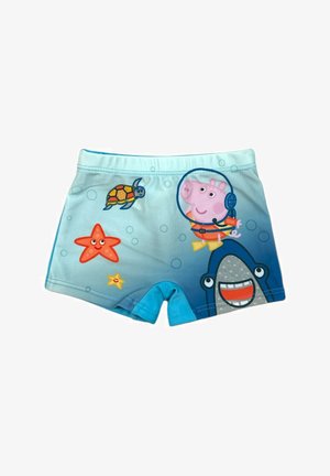 Shorts de bain en dégradé de bleu, avec des créatures marines dessinées : cochon rose en tenue de plongée, tortue, étoile de mer et visages de requins gris.