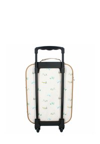 Valise à roulettes avec un extérieur rigide de couleur crème, ornée d'un motif d'animaux ludique en bleu et vert. Poignée rétractable noire et roues.