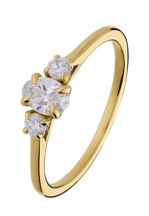 Gold ring with a central oval diamond flanked by two smaller round diamonds on each side.