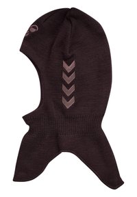 Zwarte gebreide balaclava met een comfortabele pasvorm, voorzien van een geribde onderkant en drie roze chevronaccenten aan de zijkant voor detail.