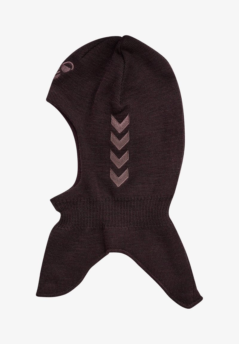 Black knit balaclava with a snug fit, featuring a ribbed bottom and three pink chevron accents on the side for detail.