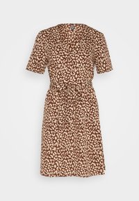 Hnědo-krémové šaty s leopardím vzorem, krátké rukávy, výstřih do V, zúžený pas a pásek na zavazování. Hladký materiál a délka ke kolenům.