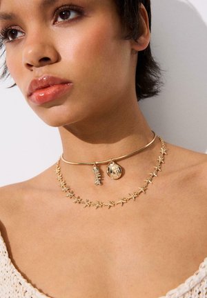 Žena nosi dvije zlatne ogrlice, jednu s privjescima u obliku morskih zvijezda, a drugu kratku ogrlicu s privjescima školjki i ribljih kostiju.