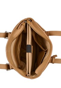 Borsa a mano in pelle color tan con zip superiore, dotata di un ampio scomparto interno, due tasche interne e rivestimento interno liscio e semplice.