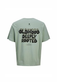 Šviesiai žalia medvilninė marškinė su trumpomis rankovėmis. Ant nugaros yra didelė juoda užrašų "OLDWOOD DEEPLY ROOTED" ir mažas logotipas viršuje.