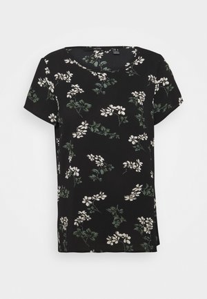 Top nero a maniche corte con un motivo floreale caratterizzato da fiori bianchi e foglie verdi. Tessuto morbido e leggero con una vestibilità comoda.