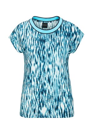 Dames top met korte mouwen, blauw-wit patroon, ronde hals afgewerkt met lichtblauw en zwart.