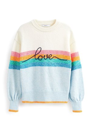 Pull en maille avec haut crème, rayures horizontales multicolores, partie basse bleu clair, manches ballon, et "love" brodé sur la poitrine.