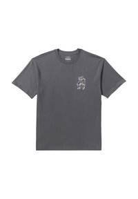 Grå bomulds t-shirt med korte ærmer og rund halsudskæring. Inkluderer et lille, simpelt grafisk motiv i cremefarve på venstre bryst.