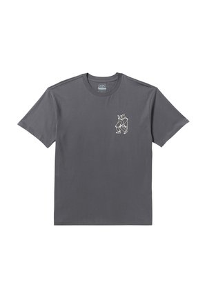 Grijze katoenen t-shirt met korte mouwen en een ronde halslijn. Inclusief een kleine, eenvoudige crèmekleurige grafiek op de linkerkant van de borst.
