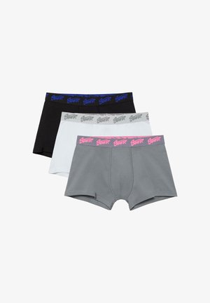 Három pár férfi boxer alsónadrág fekete, fehér és szürke színekben, mindegyik márkás elasztikus derékpánttal kék, szürke és rózsaszín színekben.