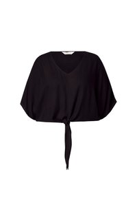 Top avvolto nero con scollatura a V, maniche corte e larghe, e dettaglio con nodo sul davanti. Realizzato in tessuto leggero con una trama liscia.