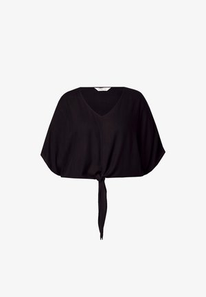 Top noir à enveloppe avec un décolleté en V, des manches courtes et larges, et un détail de lien à l'avant. Fabriqué en tissu léger avec une texture lisse.