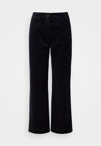 Pantalon en velours côtelé noir à jambes droites, fermeture par boutons à l'avant et poches latérales, présenté sur fond blanc.