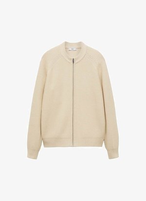 Beige pletený kardigan s ribovaným límcem a manžetami, se zipem po celé délce a texturovaným povrchem. Bez kapes nebo dalších akcentů.