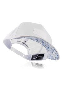 White cap made of smooth fabric with a rigid visor. Interior features a blue geometric pattern and a mesh lining for breathability. Adjustable strap.