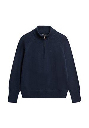 Maglione a maglia blu navy con colletto alto e mezza zip, caratterizzato da una texture a coste e maniche lunghe, logo discreto sul lato sinistro del petto.