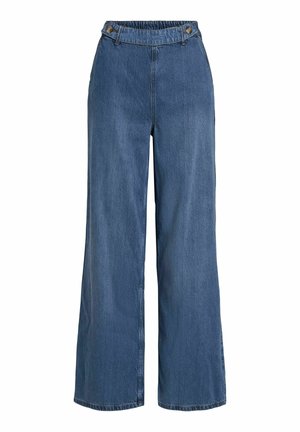 Plati zils džinsus ar augstu jostasvietu, kurus raksturo teksturēts audums, pogu akcenti un vienkāršs, neizpušķots dizains.