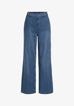 Plati zils džinsus ar augstu jostasvietu, kurus raksturo teksturēts audums, pogu akcenti un vienkāršs, neizpušķots dizains.