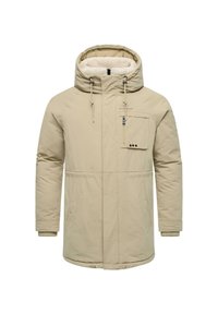 Beige ūdensnecaurlaidīgs parka ar kažokādas oderi kapucei, ar rāvējslēdzēju priekšpusē un vairākiem kabatām. Iespējas ietver ribotās aproces un gludu, izturīgu audumu.