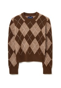 Bruin en tan argyle-patroon trui met een ronde hals, ribbelmanchetten en een zachte textuur. Bevat witte accentlijnen binnen de diamanten.