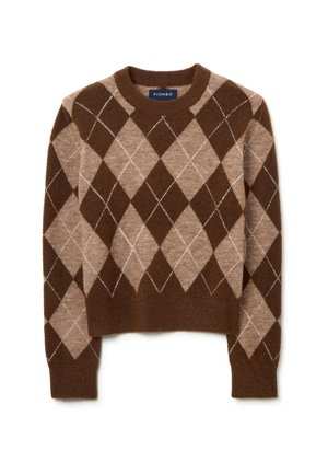 Maglione argyle marrone e beige con collo rotondo, polsini a coste e una texture morbida. Presenta linee bianche di accento all'interno dei rombi.