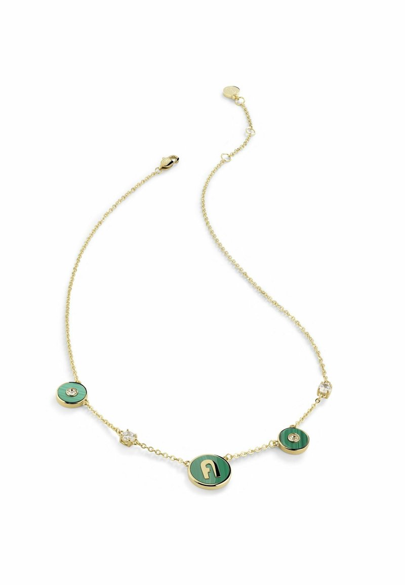 Collier délicat en chaîne d’or avec trois pendentifs ronds en émail vert, deux petites pierres précieuses transparentes et une fermeture en or.