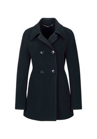 Dark wool peacoat with a notched collar, double-breasted button closure, two side pockets, and a classic fit.