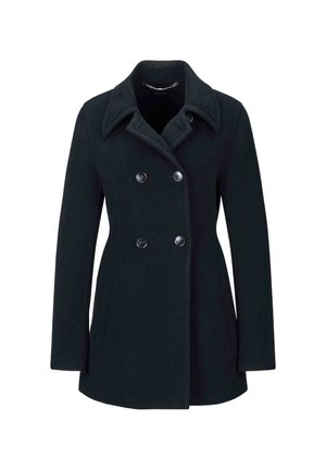 Dunkelgrauer Wollpeacoat mit Reverskragen, doppelter Knopfverschluss, zwei Seitentaschen und klassischer Passform.