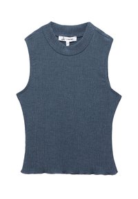 Top sin mangas de tela texturada en azul oscuro, con un escote redondeado y un dobladillo ligeramente acampanado. La tela tiene un patrón de canalé.