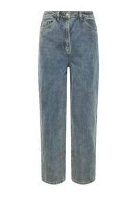 Lichtblauwe, hoogwaist jeans van denim. Rechtonder ontwerp met voor- en achterzakken, contrasterende stiksels langs de naden.