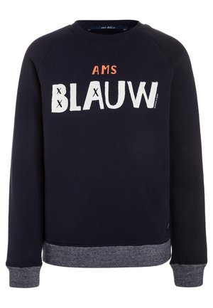 Marineblå sweatshirt med hvid og orange tekst, der står "AMS BLAUW," raglanærmer og en grå ribbet kant. Blødt bomuldsstof.