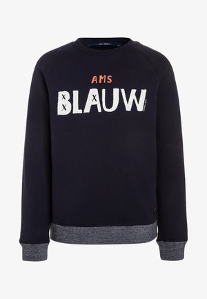 Marineblauer Sweatshirt mit weißem und orangenem Text "AMS BLAUW", Raglanärmeln und grauem Rippenbund. Aus weichem Baumwollmaterial.