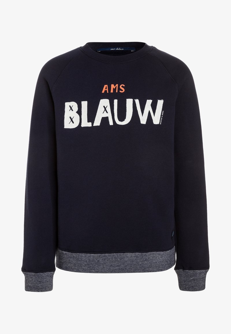 Sweatshirt marine avec du texte blanc et orange indiquant "AMS BLAUW", manches raglan et un ourlet côtelé gris. Matériau en coton doux.
