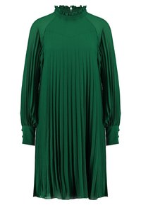 Vihreä laskostettu mekko, jossa on korkea röyhelökaulus ja pitkät hihat, sisältäen nappi-suojukset ja virtaavan siluetin. Pehmeä kankaan rakenne.