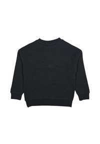 Maglione nero con collo rotondo, maniche lunghe e polsini e orlo a coste. Tessuto liscio con un design semplice e di un colore uniforme.